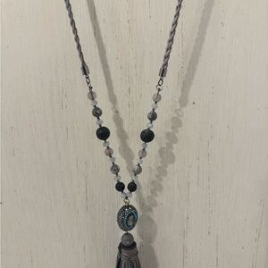 Boho Gray and Black Beaded Necklace with Aqua